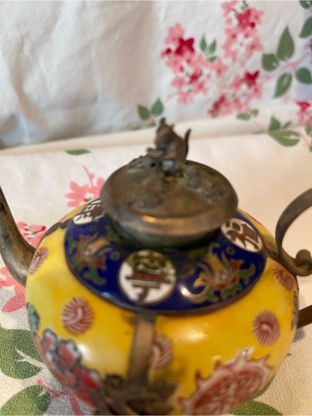 Vintage Yellow Floral Cloisonné Teapot Accent - Picture 2 of 4